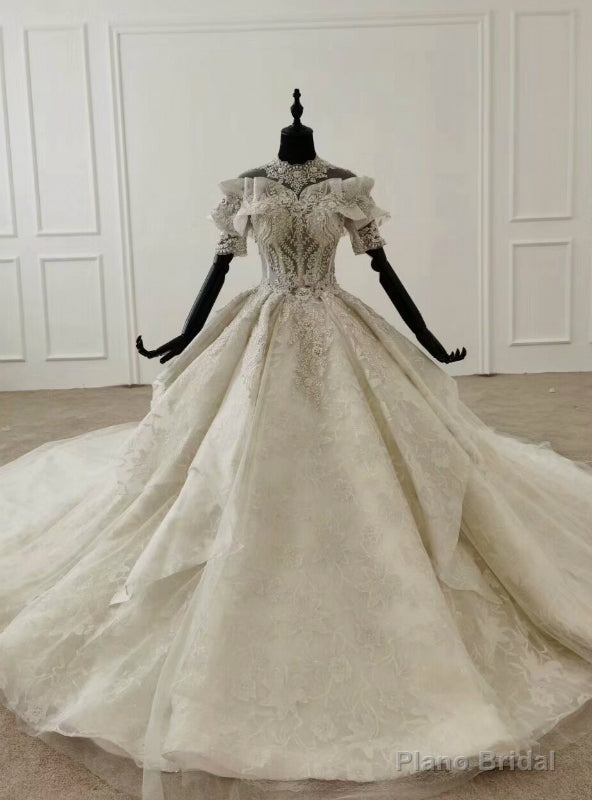 Ivory White Ball Gown Tulle High Neck Short Sleeve Wedding Dress Main image