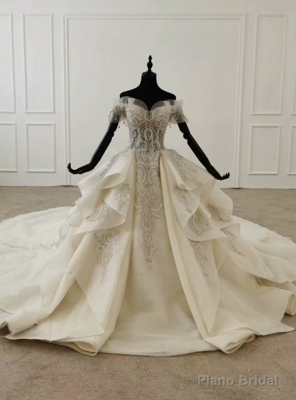 Ivory White Ball Gown Tulle Off the Shoulder Wedding Dress With Train Main image