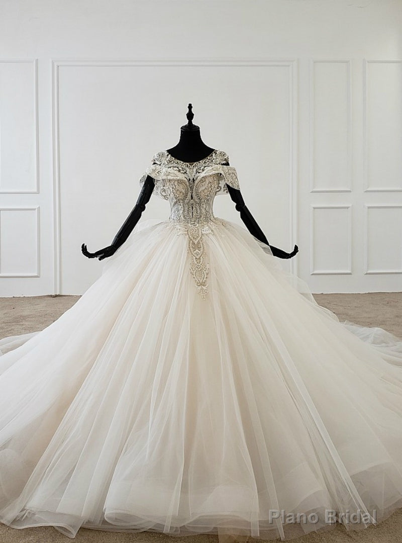 Ivory White Ball Gown Tulle Open Back Beading Sequins Wedding Dress Main image