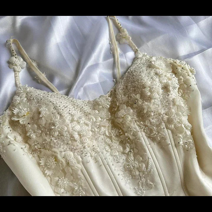 Ivory Luxury Gorgeous Fashion Exquisite Flowers Beading Long Chiffon Elegant Ball Gown Formal Evening Dresses Party Dresses