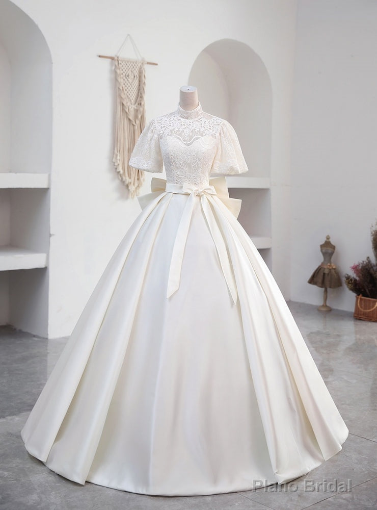 Ivory White Satin High Neck Short Sleeve Wedding Dress Main image