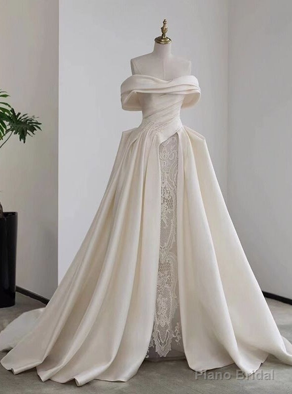 Ivory White Satin Lace Off the Shoulder Wedding Dress Main image