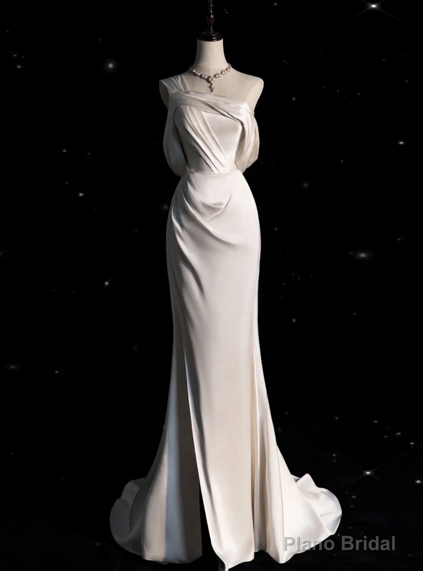 Ivory White Satin One Shoulder Pleats Wedding Dress Main image