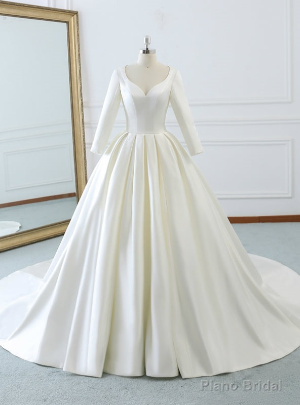 Ivory White Satin Sweetheart Long Sleeve Wedding Dress With Train Main image