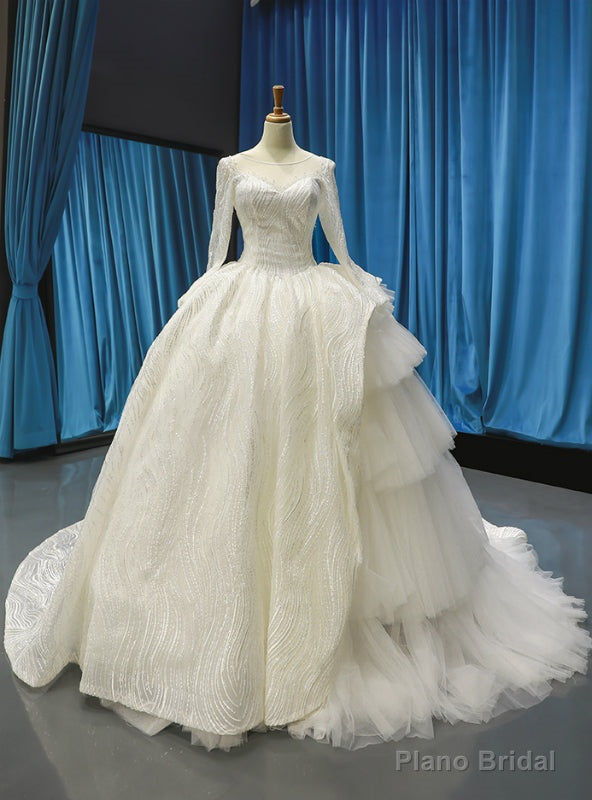 Ivory White Tulle Lace Bateau Long Sleeve Wedding Dress With Litter Train Main image