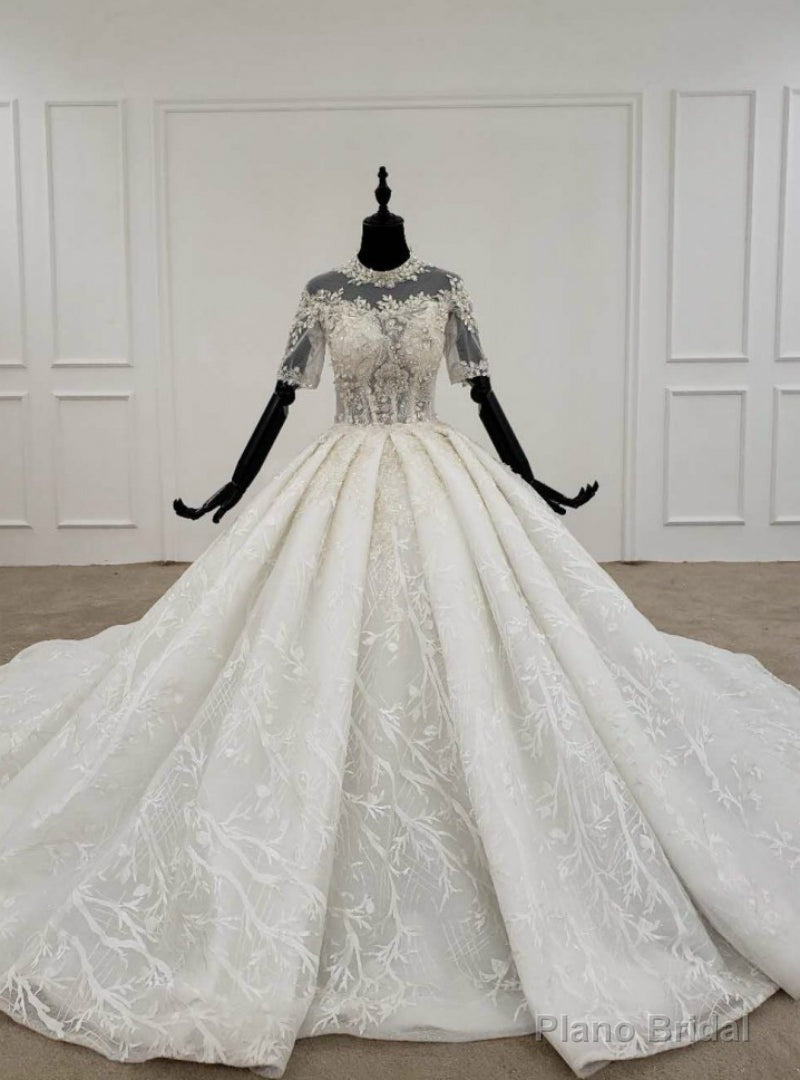 Ivory White Tulle Lace Short Sleeve High Neck Beading Sequins Wedding Dress Main image