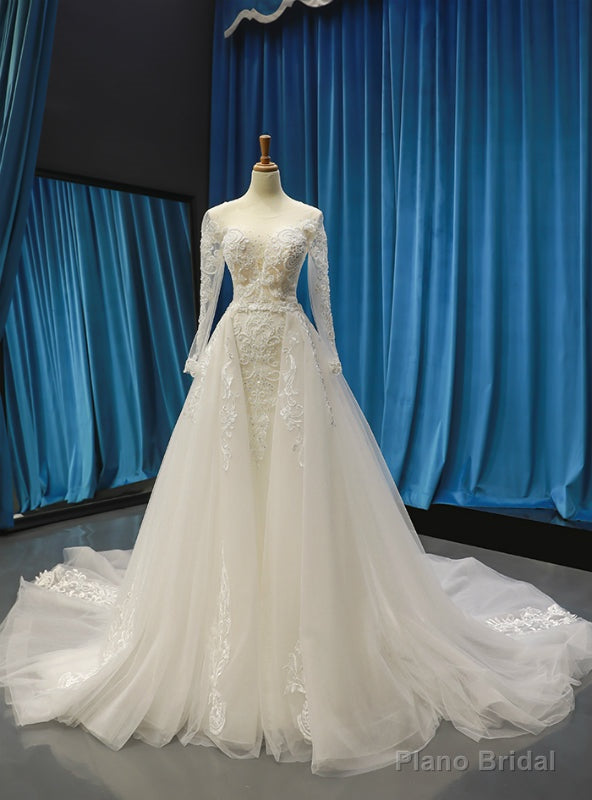 Ivory White Tulle Mermaid Appliques Beading Sequins Long Sleeve Wedding Dress With Removable Train Main image