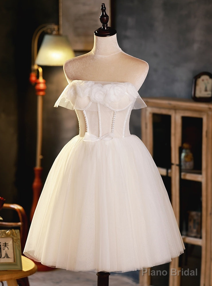Ivory White Tulle Strapless Pearls Homecoming Dress