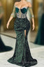 Jewel Mermaid Lace Applique Sequined Floor-length Half Sleeves High Split Formal Prom Dress