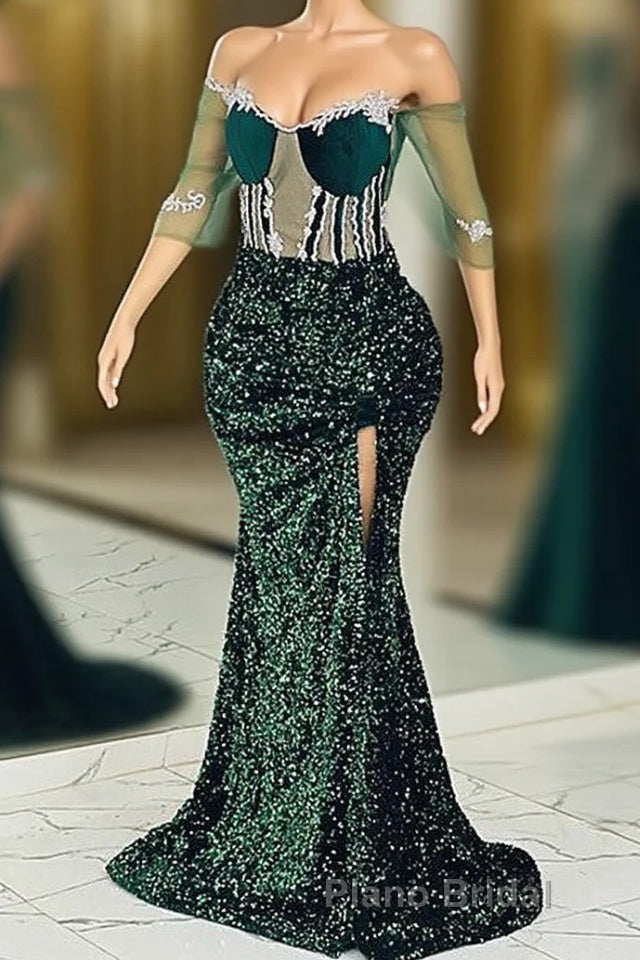 Jewel Mermaid Lace Applique Sequined Floor-length Half Sleeves High Split Formal Prom Dress Main image