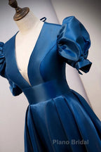 Blue V Neck Satin Short Sleeves Long Formal Prom Dresses Blue Satin Evening Dresses