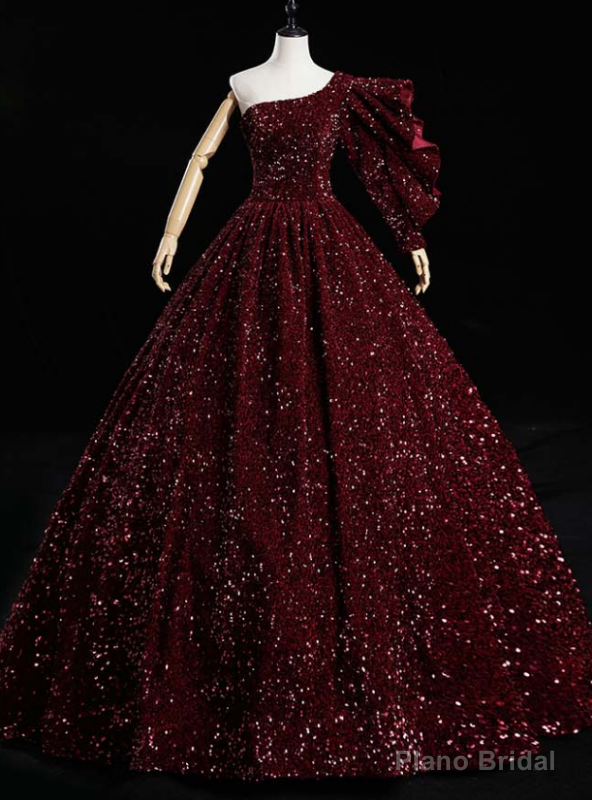 Just Be The One For You Burgundy Ball Gown Sequins One Shoulder Quinceanera Dress Main image