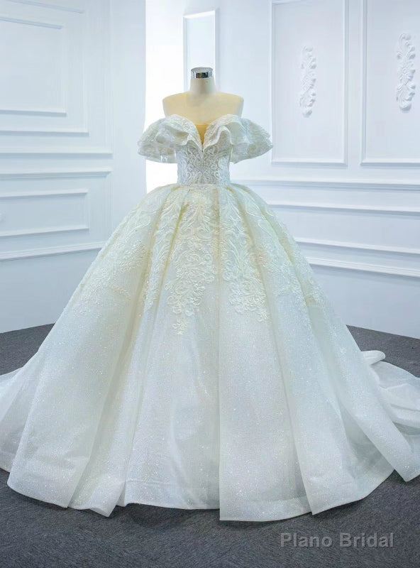 Just Be The One For You White Ball Gown Tulle Appliques Beading Off the Shoulder Wedding Dress Main image
