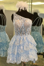 Dark Navy A-line One Shoulder Multi-Layers Homecoming Dresses