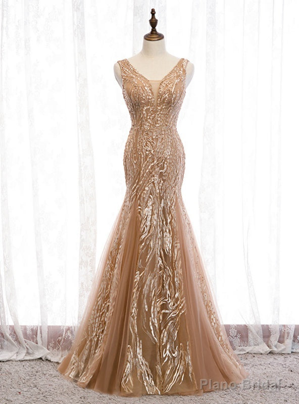 Khaki Mermaid Tulle Embroidery V-neck Beading Prom Dress Main image