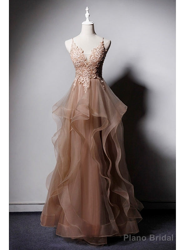 Khaki Tulle Spaghetti Straps Appliques Beading Prom Dress Main image