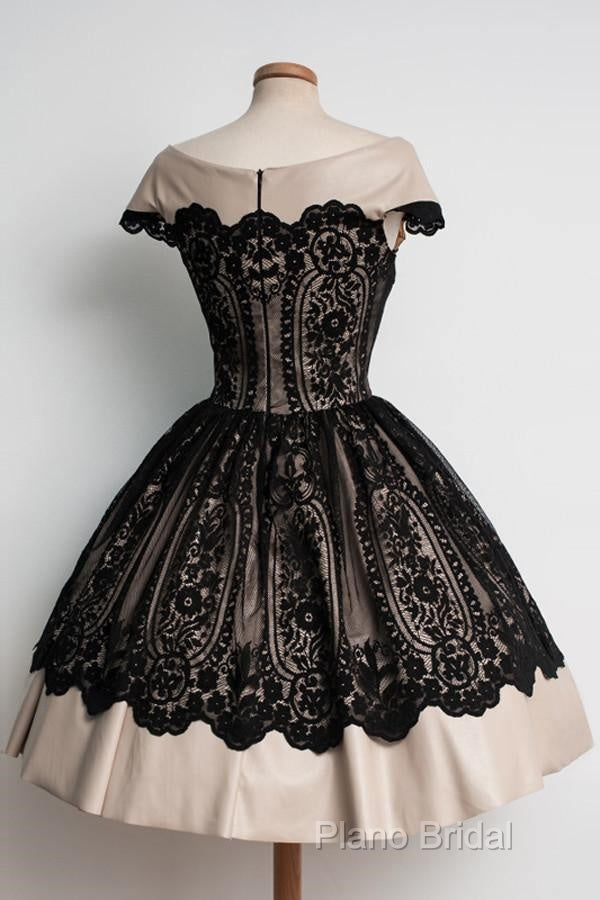 Knee-Length Cap Sleeves Homecoming Dresses With Black Lace