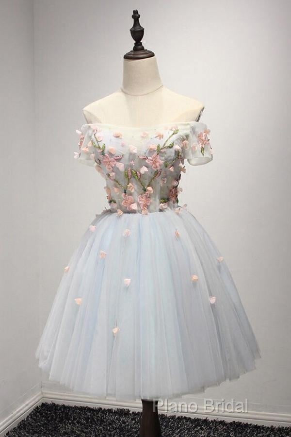 Knee-Length Light Blue Tulle Homecoming Dresses With Appliques Secondary image