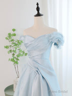 Blue Satin Tulle Long Prom Dress, Off Shoulder Formal Evening Dress