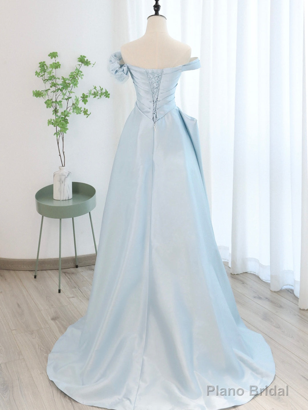 Blue Satin Tulle Long Prom Dress, Off Shoulder Formal Evening Dress