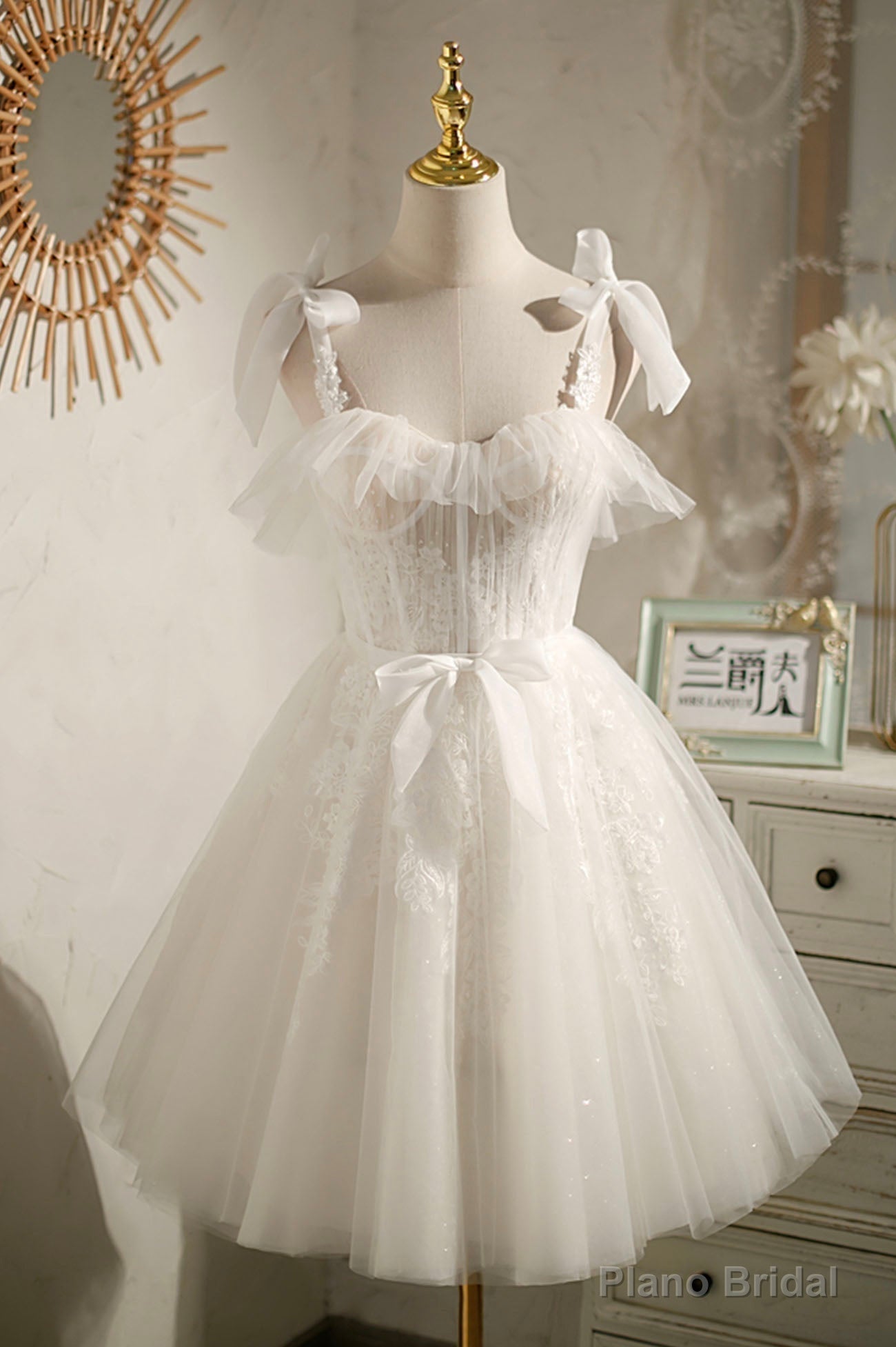 Champagne Tulle Lace Knee Length Prom Dress, Cute A-Line Party Dress Main image