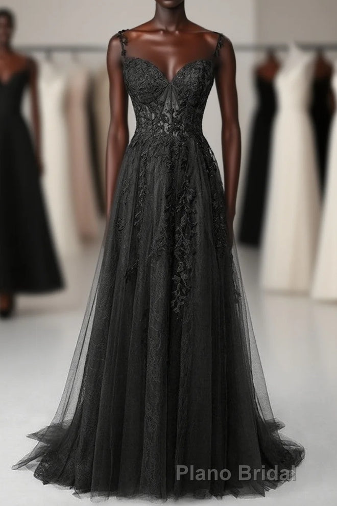 Black Sweetheart Tulle With Lace Long A-Line Formal Prom Dresses, Black Prom Dresses Main image