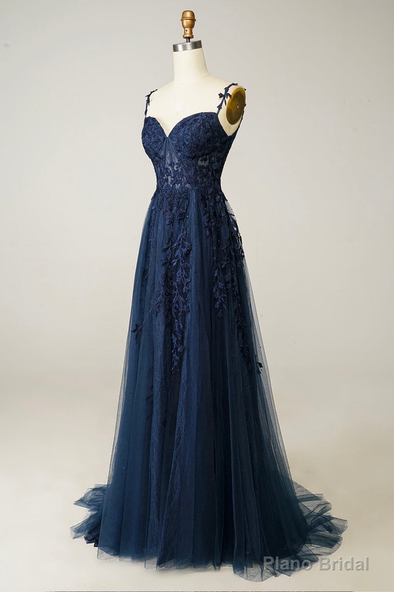 Navy Tulle and Lace Long Prom Dress, Lovely Spaghetti Strap Evening Dress Main image