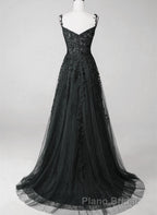 Black Sweetheart Tulle With Lace Long A-Line Formal Prom Dresses, Black Prom Dresses