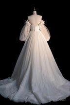 Champagne Tulle Long Sleeve Prom Dress, Off the Shoulder Evening Dress