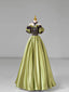 Green Satin Lace Long Prom Dress, Beautiful A-Line Evening Dress with Bow