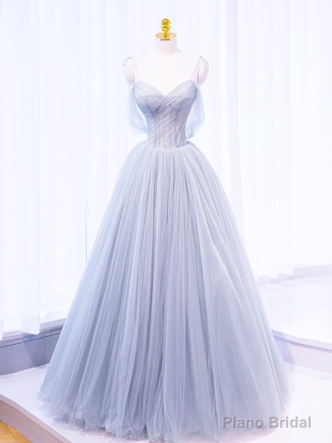 Gray Spaghetti Strap Tulle Long Prom Dress, Gray A-Line Evening Party Dress Main image