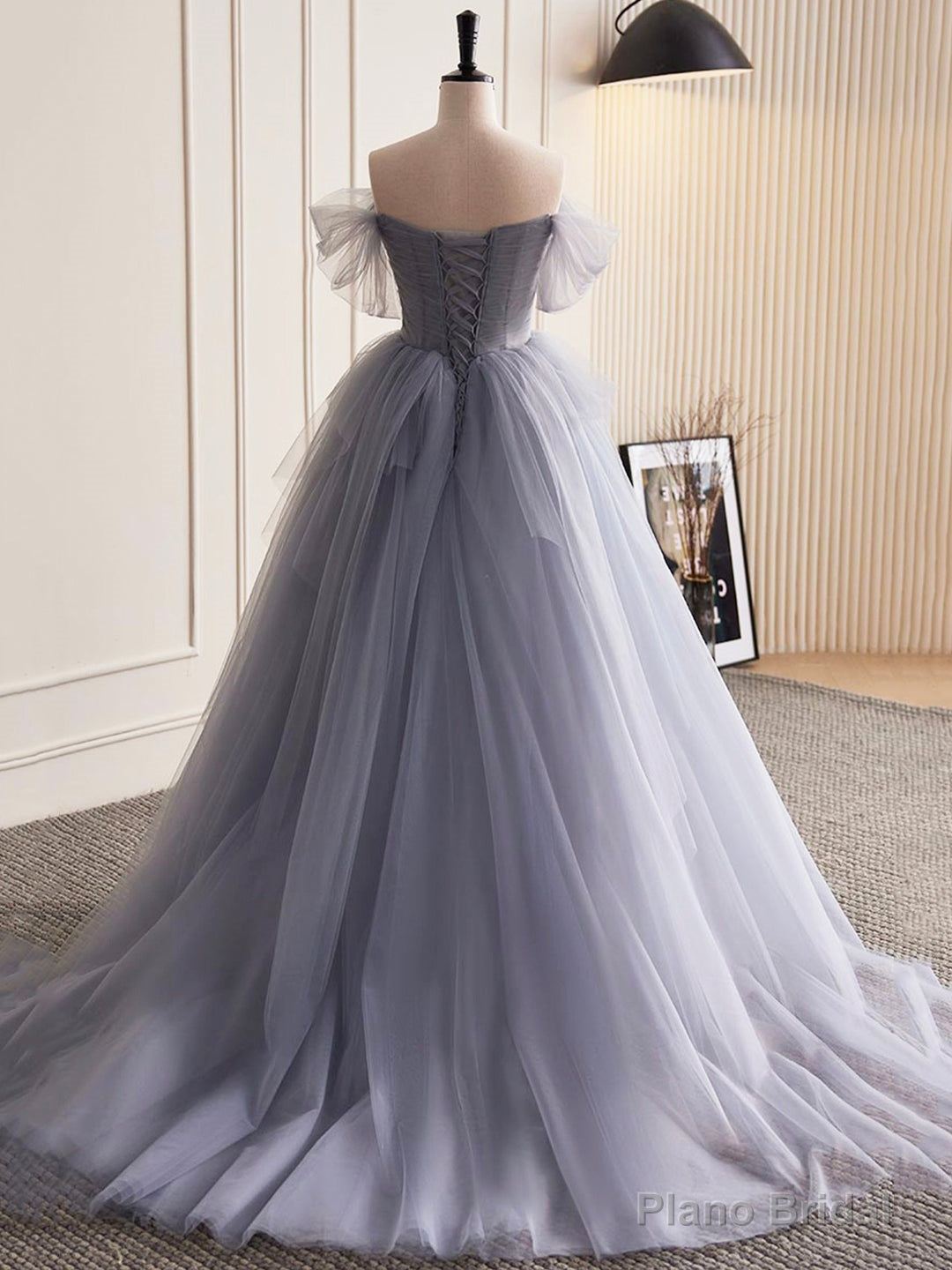 Gray Tulle Long A-Line Prom Dress, Off Shoulder Evening Dress Party Dress