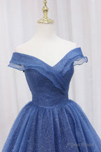 Blue Off the Shoulder Long Party Dress Evening Gown, Blue Junior Prom Dress