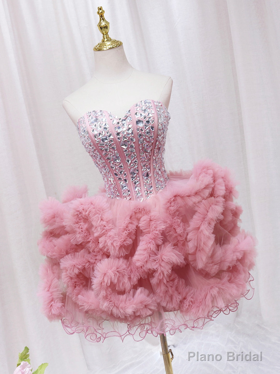 Pink Sweetheart Neckline Tulle Short Prom Dress with Rhinestones, Cute Party Dress Secondary image