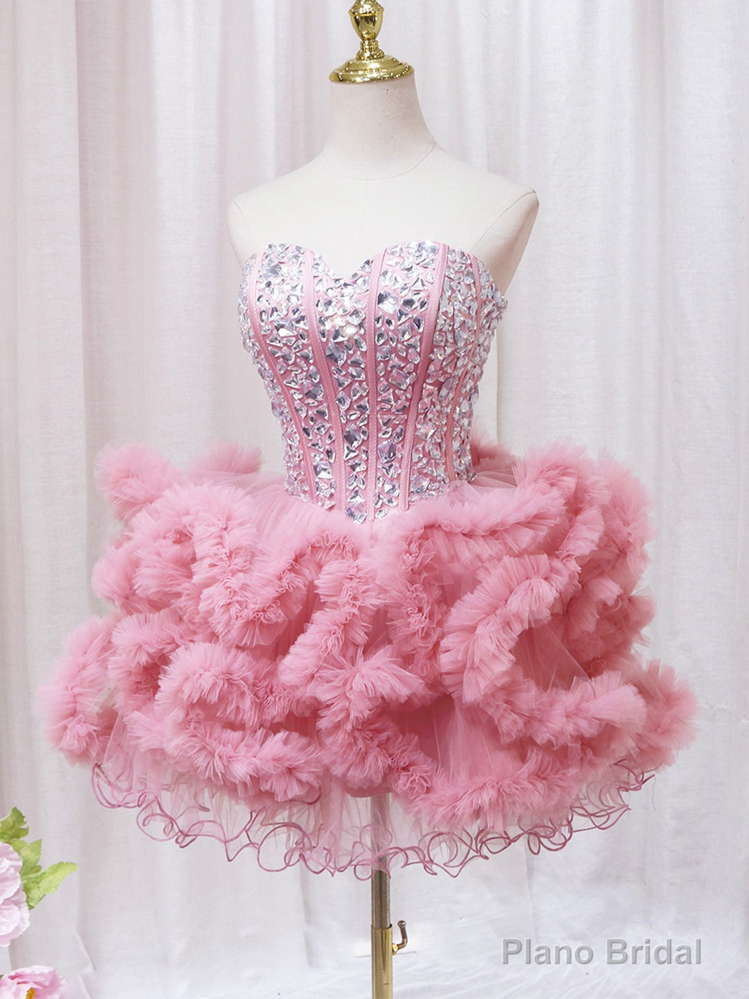 Pink Sweetheart Neckline Tulle Short Prom Dress with Rhinestones, Cute Party Dress Main image