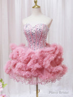 Pink Sweetheart Neckline Tulle Short Prom Dress with Rhinestones, Cute Party Dress