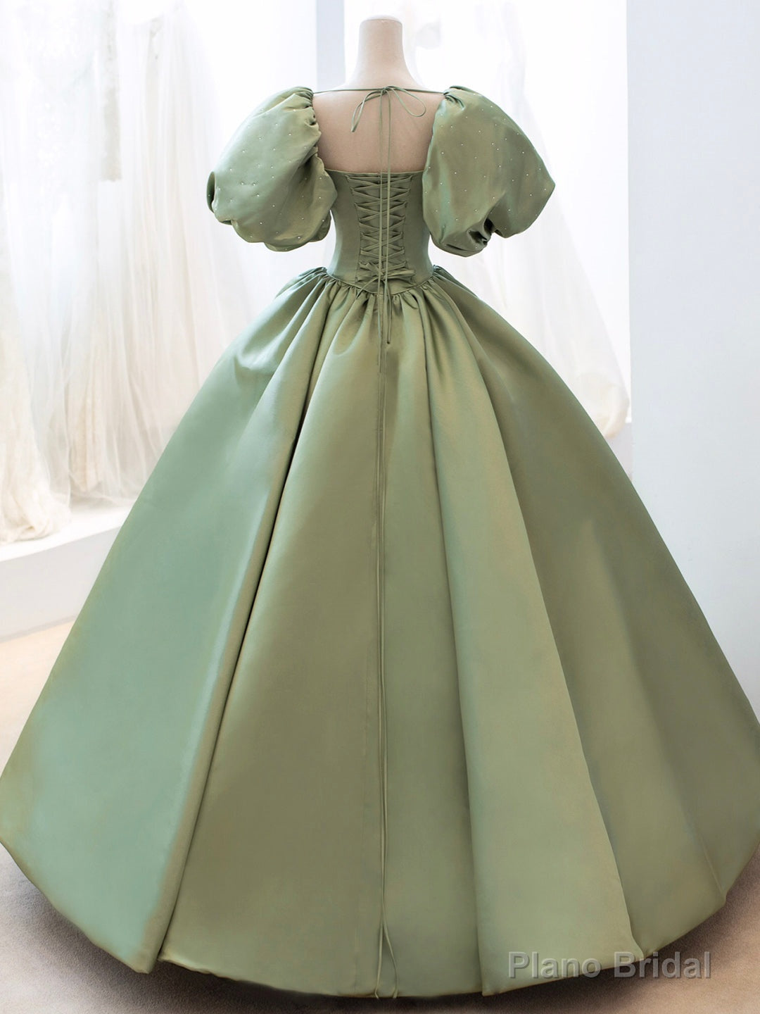 Green Satin Formal Evening Gown with  Puff Sleeve, A-Line Long Prom Dress Secondary image