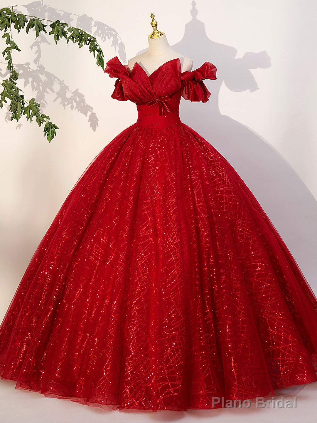 Red Tulle Long A-Line Ball Gown, Red Off Shoulder Formal Dress Main image
