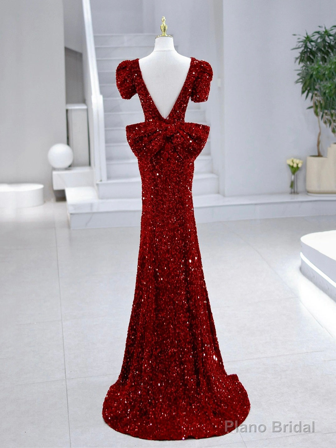 Mermaid Sequins Long Prom Dress, Burgundy V-Neck Evening Dress