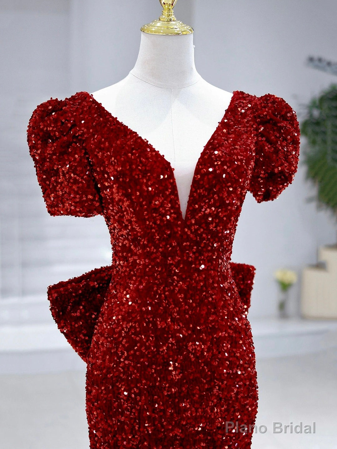 Mermaid Sequins Long Prom Dress, Burgundy V-Neck Evening Dress Secondary image