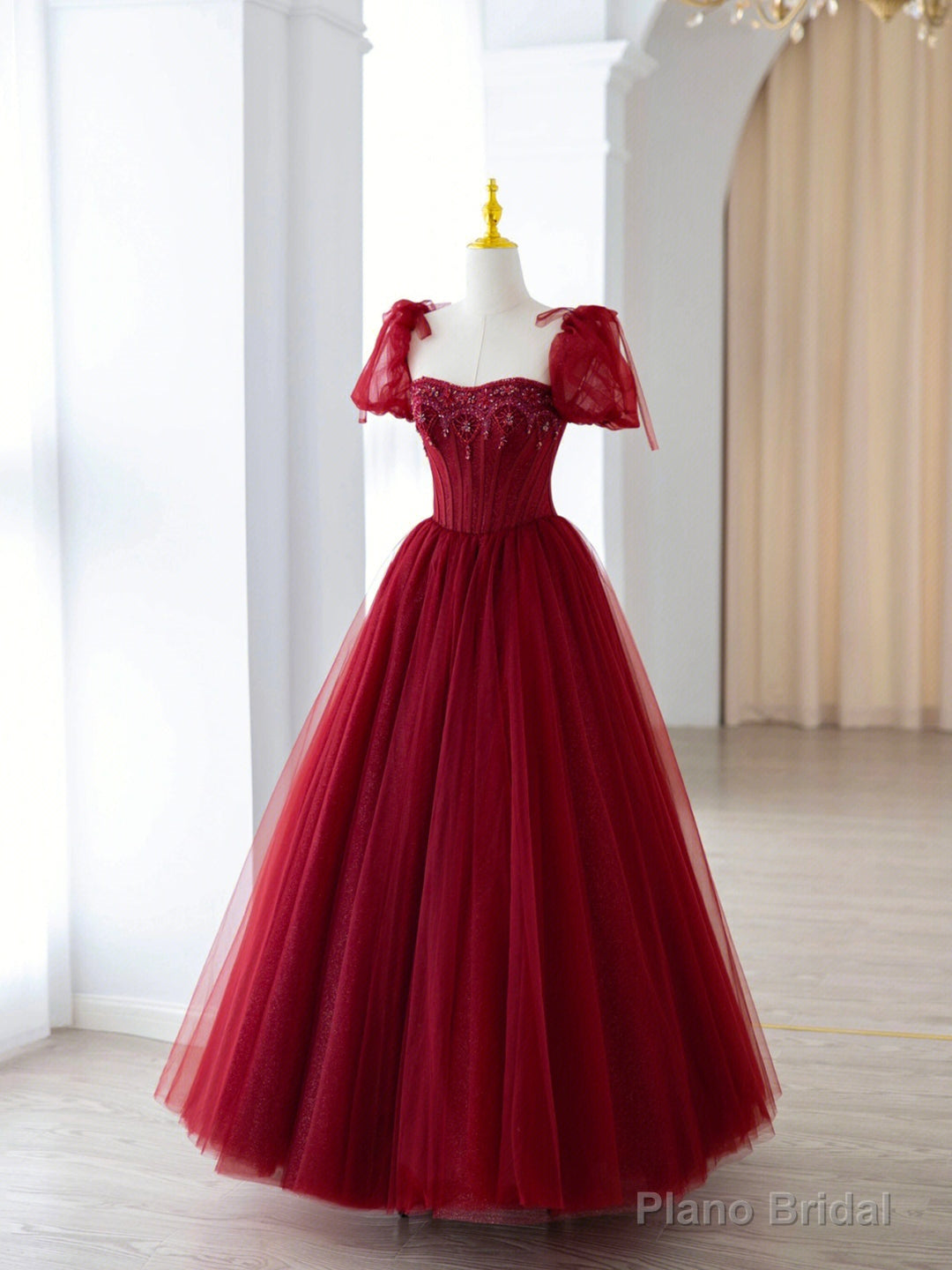 Burgundy Tulle Beaded Long Prom Dress, A-Line Formal Evening Dress Main image