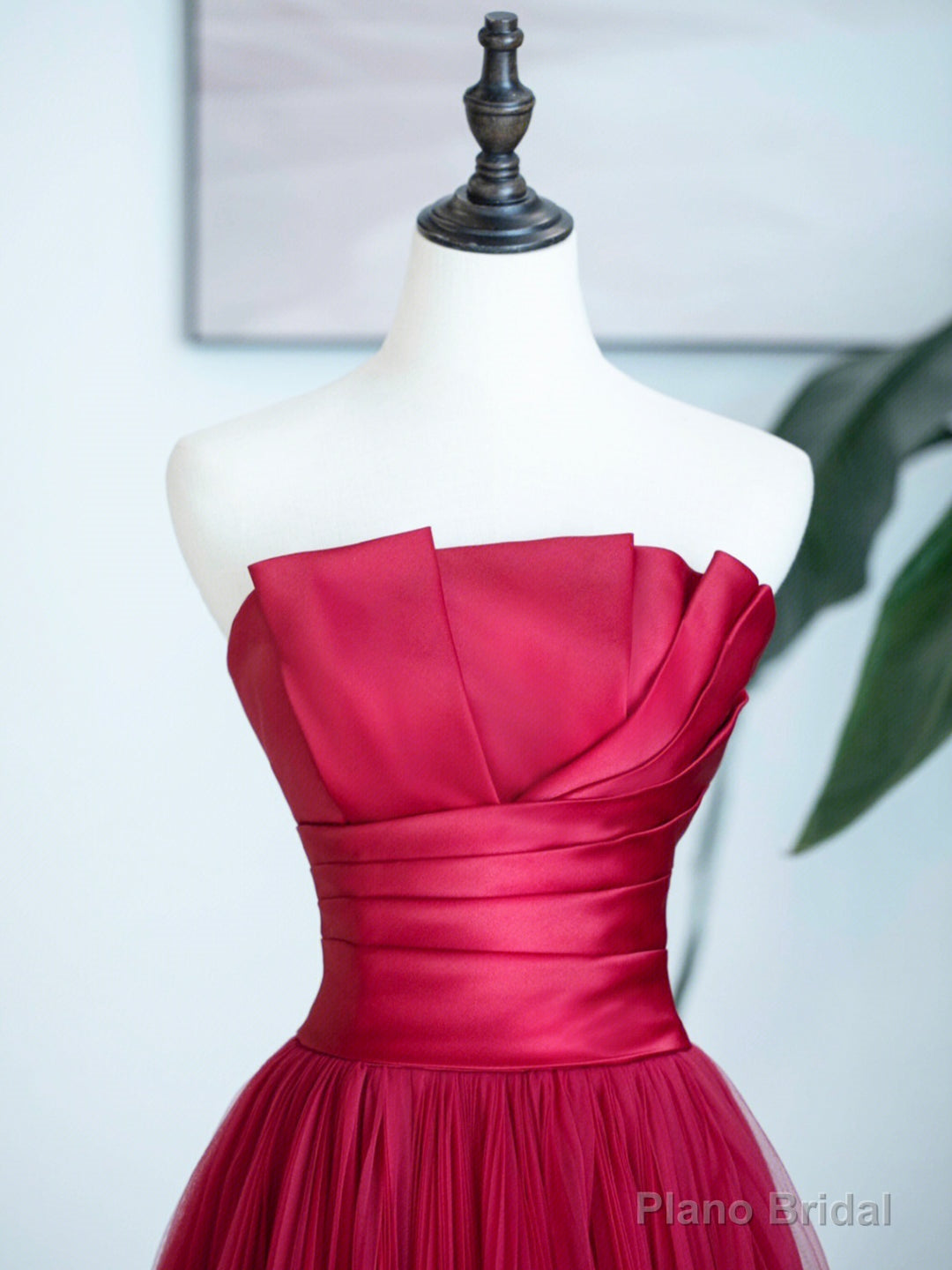 Burgundy Strapless Tulle Prom Dress, Burgundy Long Formal Dress Secondary image