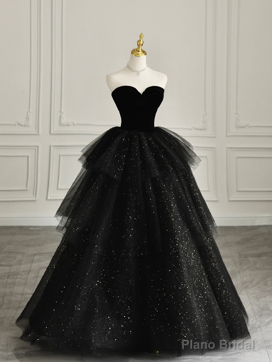 Black Strapless Tulle Formal Dress with Velvet, A-Line Sweetheart Neck Long Prom Dress Main image