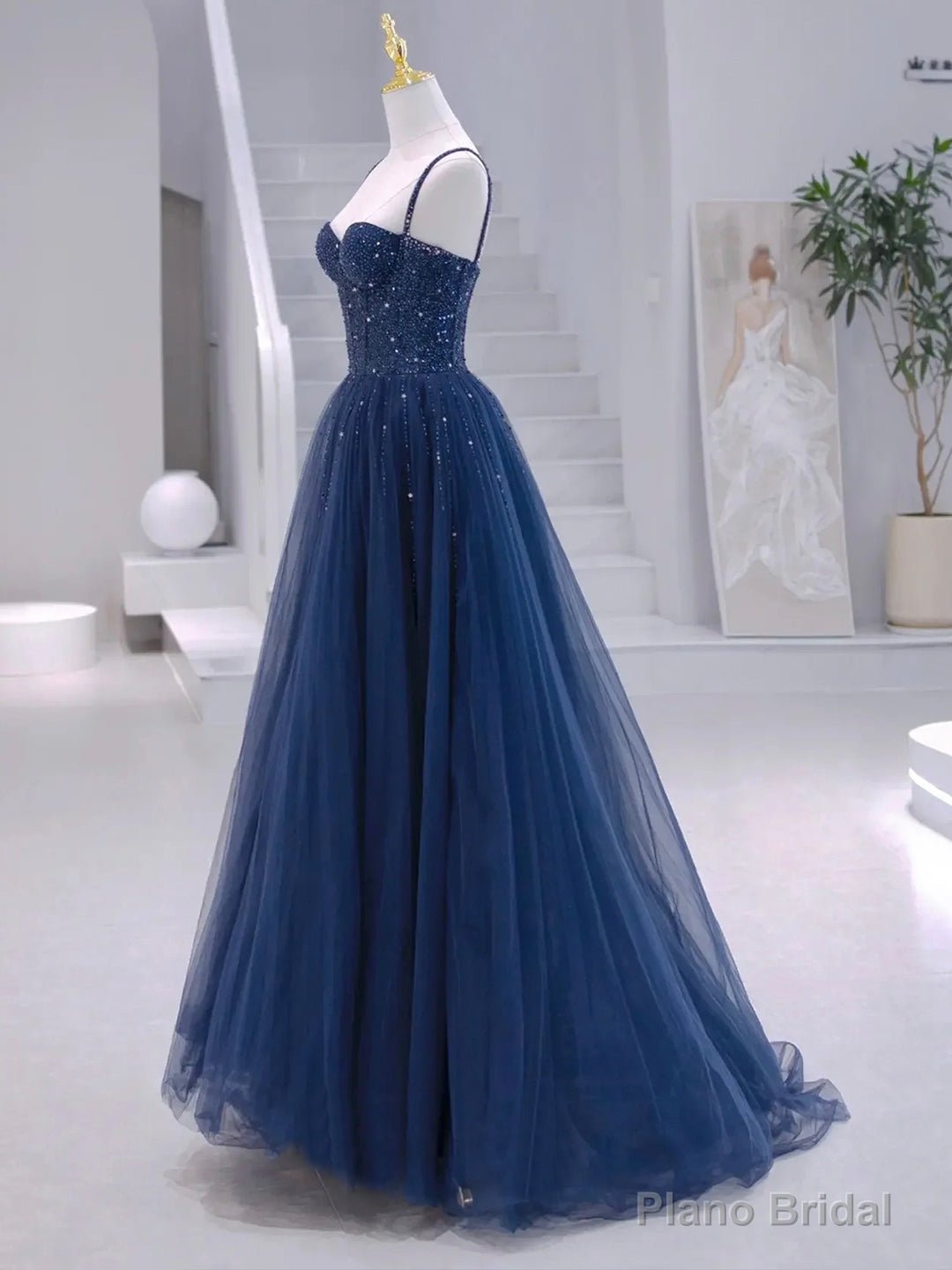 Blue Tulle Beaded Long Formal Dress, Blue Evening Dress