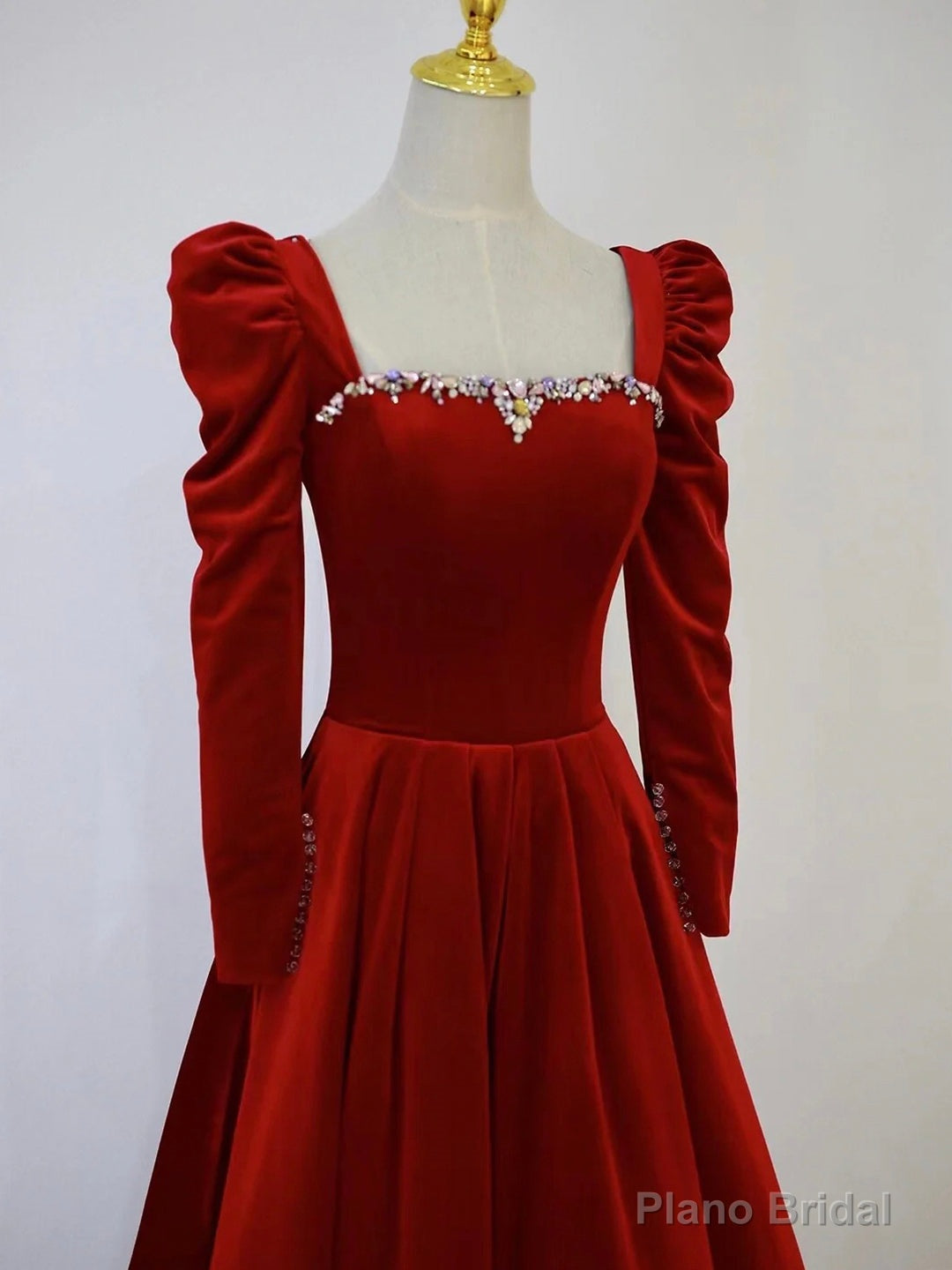 A-Line Long Sleeve Velvet Floor Length Prom Dress, Burgundy Formal Evening Dress Secondary image