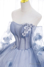 Blue Tulle Long Sleeve Prom Dress, A-Line Off the Shoulder Evening Gown