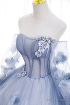 Blue Tulle Long Sleeve Prom Dress, A-Line Off the Shoulder Evening Gown
