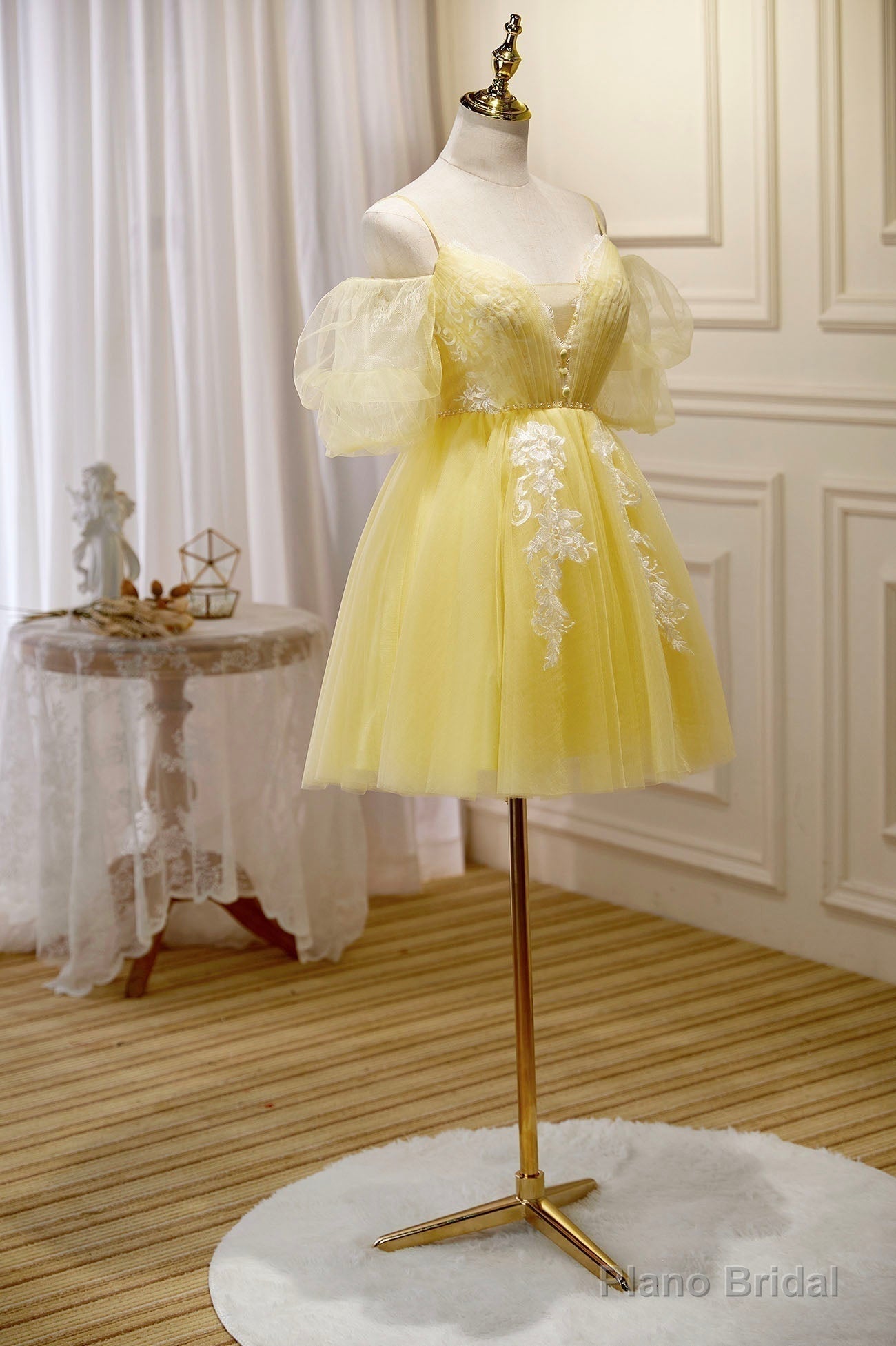 Yellow Lace Short Prom Dress, Off the Shoulder Homecoming Dress Secondary image