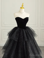 Black Strapless Tulle Formal Dress with Velvet, A-Line Sweetheart Neck Long Prom Dress