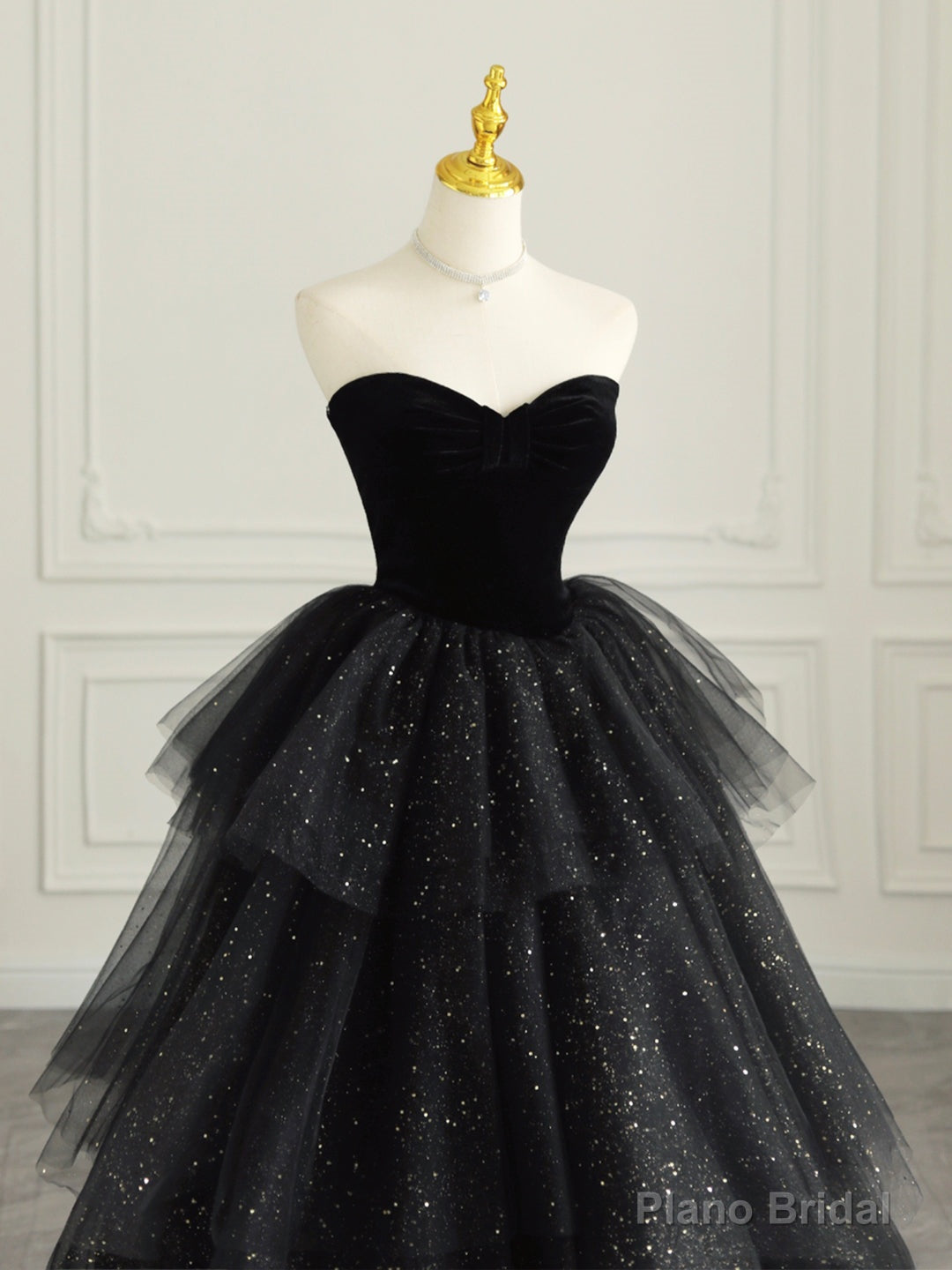 Black Strapless Tulle Formal Dress with Velvet, A-Line Sweetheart Neck Long Prom Dress